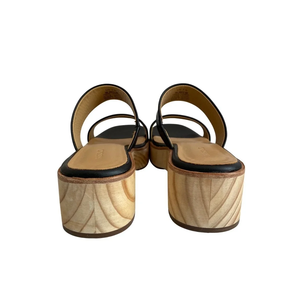 Nisolo NEW Double Strap Wood Bottom Heels Sandal Black Leather Slide Women‎ 7.5